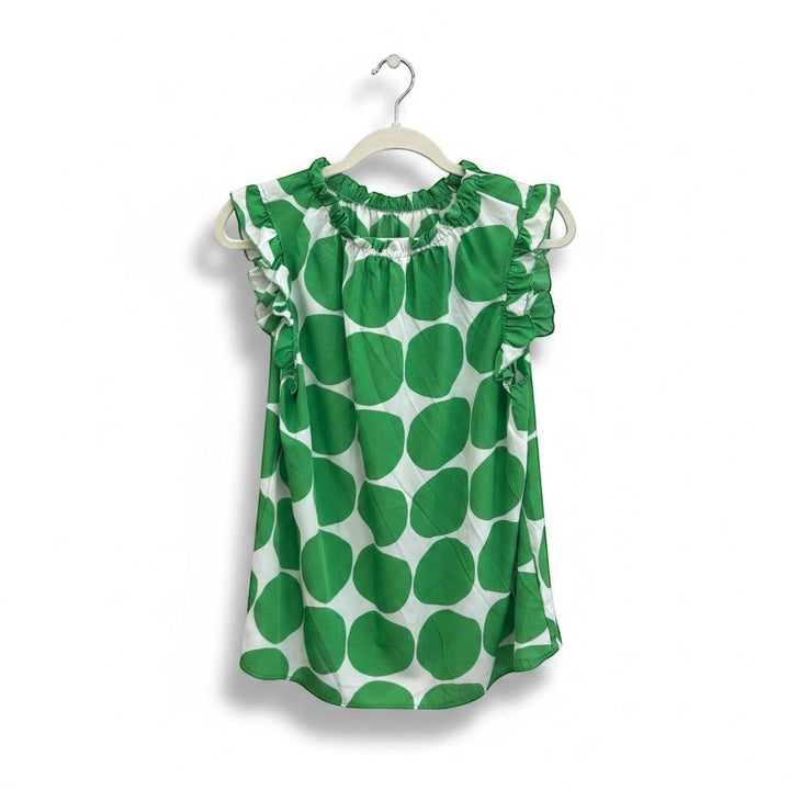 Chic Collective green and ivory big polka dot ruffle blouse with short sleeves and a gathered neckline.