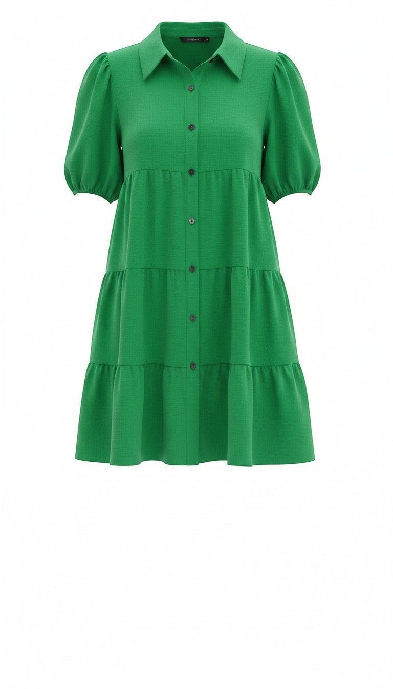 Chic Collective green tiered puff sleeve shirt dress with collar and button-down front.