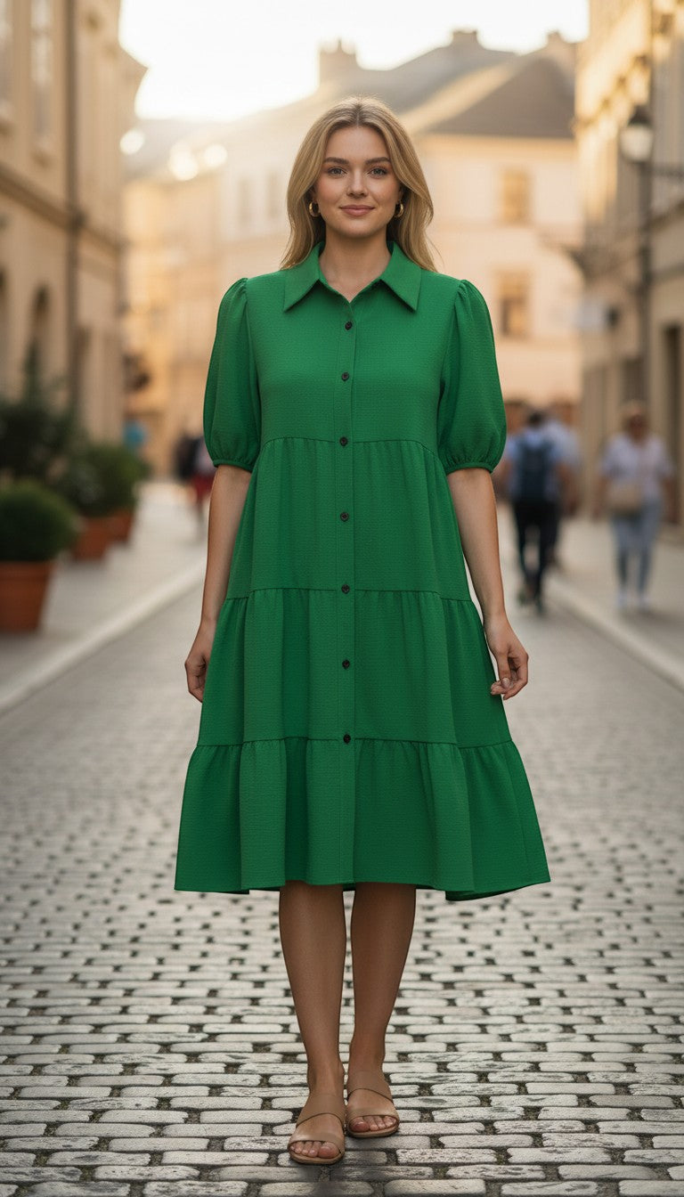 Chic Collective green tiered puff sleeve shirt dress with collar and button-down front.