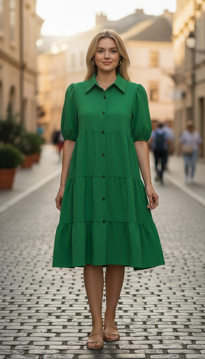 Chic Collective green tiered puff sleeve shirt dress with collar and button-down front.