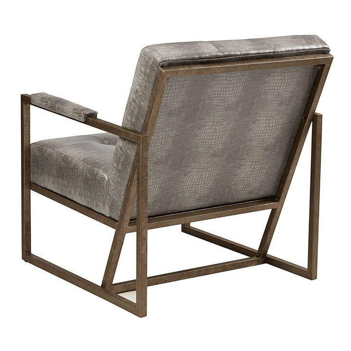 Chic Collective grey snakeskin PU leather accent chair with antique bronze metal frame. Deep seat and dapper style.