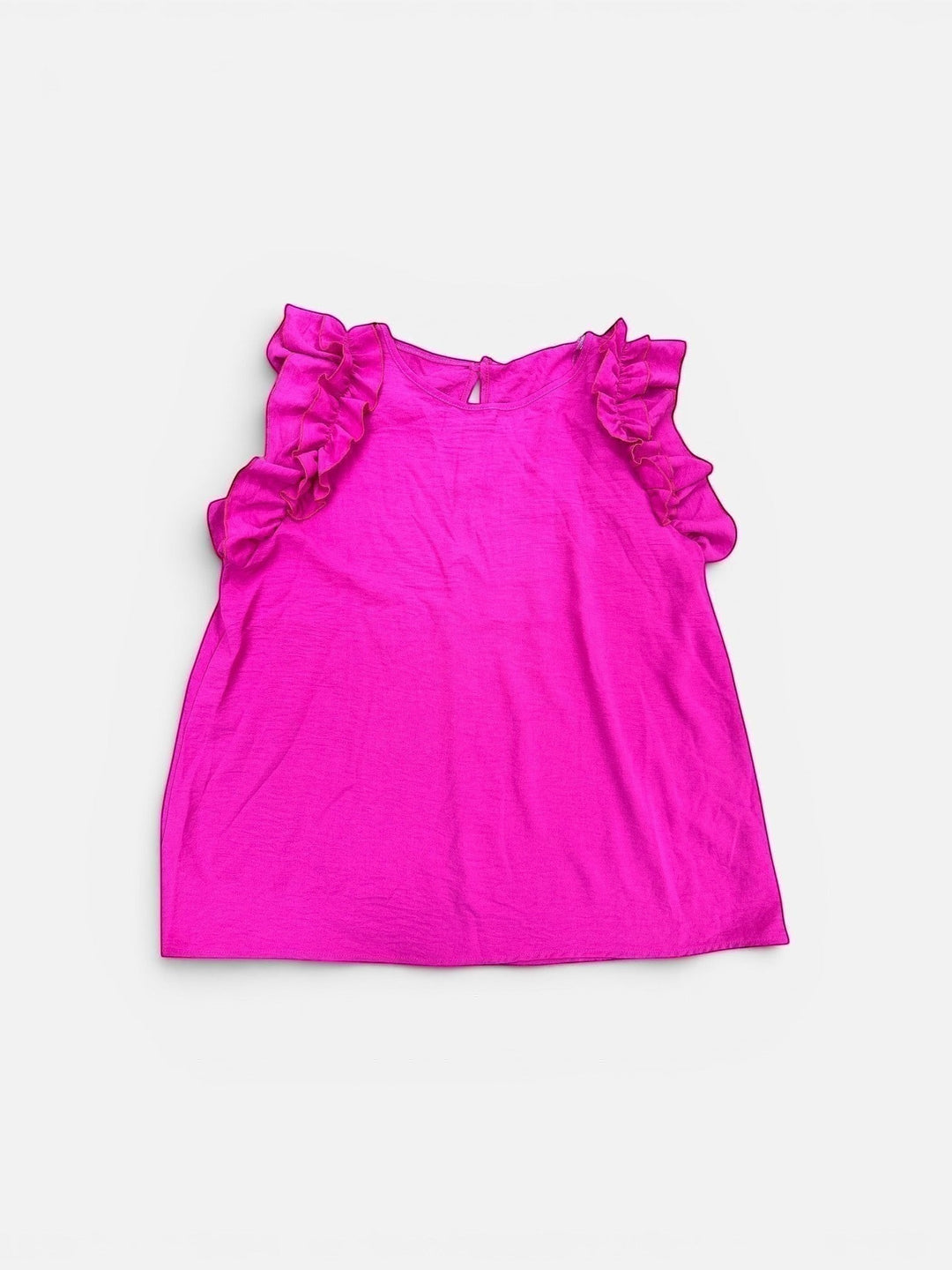 Chic Collective hot pink crinkle short sleeve top with double ruffle detail on shoulders.