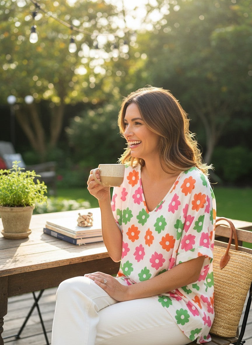 Chic Collective ivory top with coral, green, and pink floral print, v-neck, dolman sleeves.