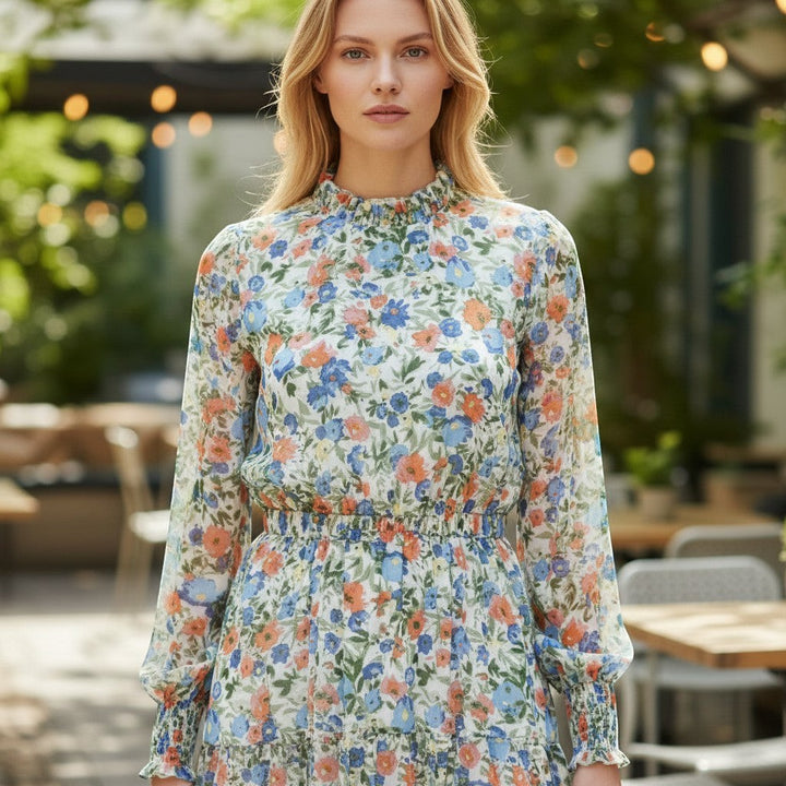 Chic Collective ivory, green, and blue floral print longsleeve mock neck dress with smocked waist and cuffs.