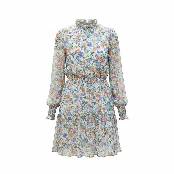 Chic Collective ivory, green, and blue floral print longsleeve mock neck dress with tiered skirt and smocked cuffs.