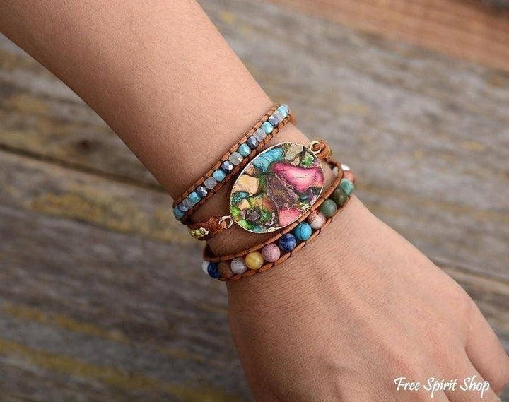 Chic Collective handmade boho wrap bracelet with color splash jasper, genuine leather, and mixed beads.
