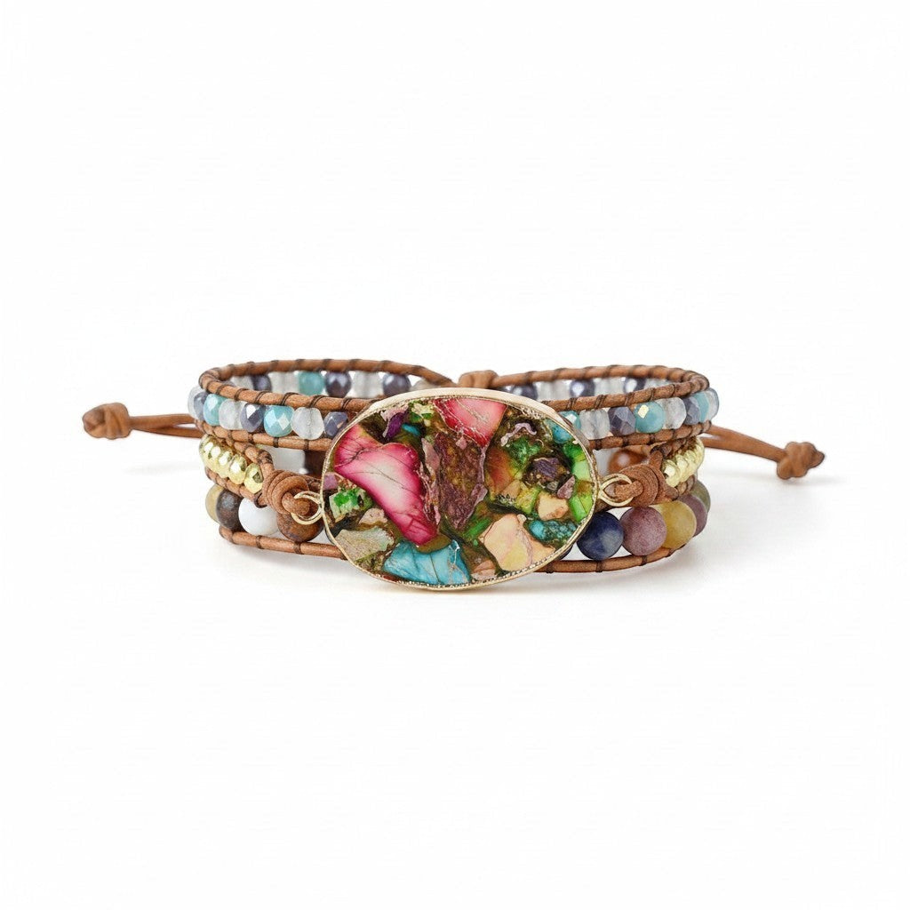 Chic Collective handmade boho wrap bracelet with color splash jasper, natural stones, and genuine leather.