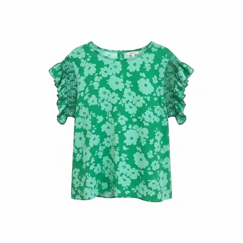 Chic Collective Kelly green woven blouse with a floral print, smocked short sleeves, and frilly cuffs.