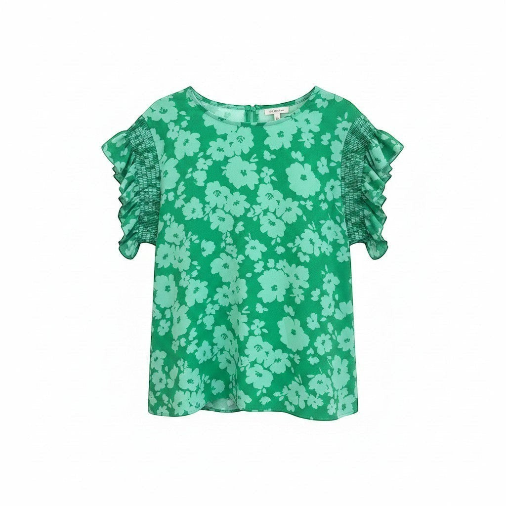 Chic Collective Kelly green woven blouse with a floral print, smocked short sleeves, and frilly cuffs.