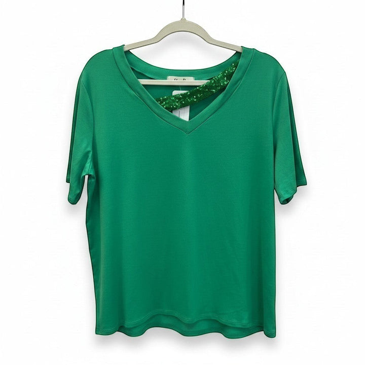 Chic Collective Kelly green asymmetrical top with V-neck and sparkling sequin detail on neckline.