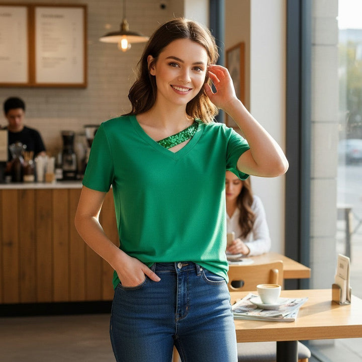 Chic Collective Kelly green asymmetrical sequin v-neck t-shirt with short sleeves.