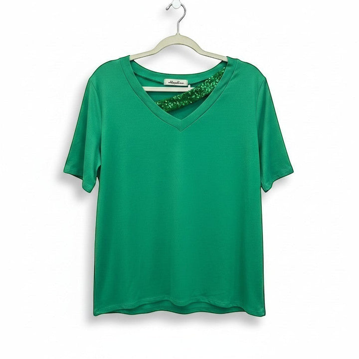 Chic Collective Kelly green asymmetrical V-neck t-shirt with sequin detail on one side of the neckline.