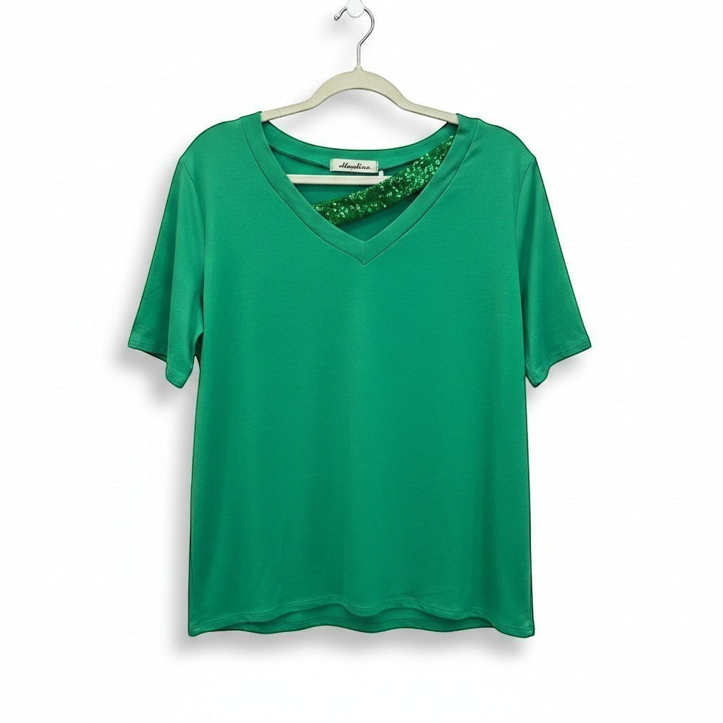 Chic Collective Kelly green asymmetrical V-neck top with sparkling sequin detail on one side.