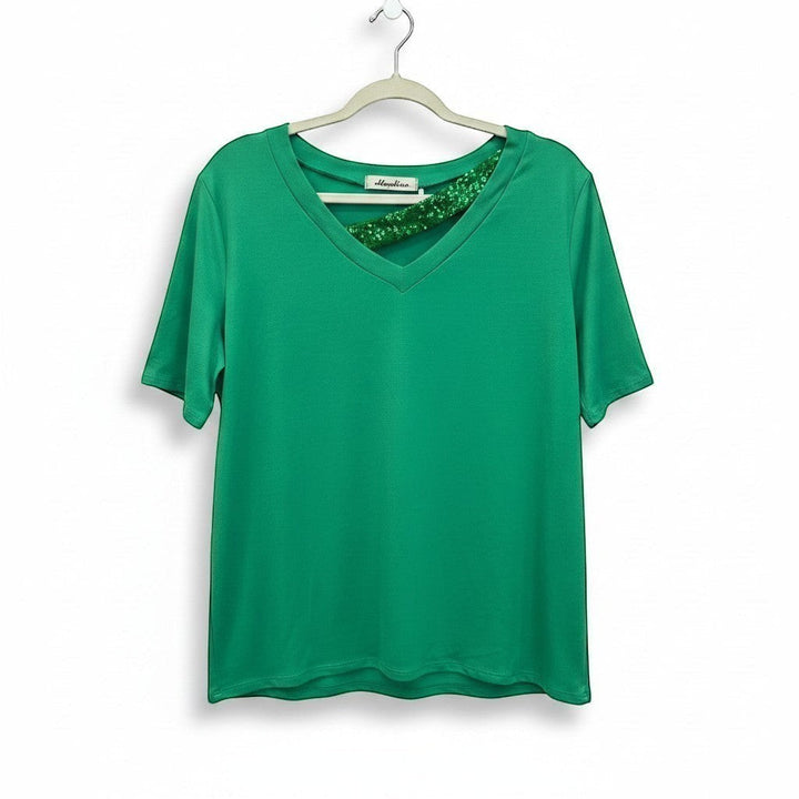 Chic Collective Kelly green asymmetrical V-neck top with sparkling sequin detail on one side.
