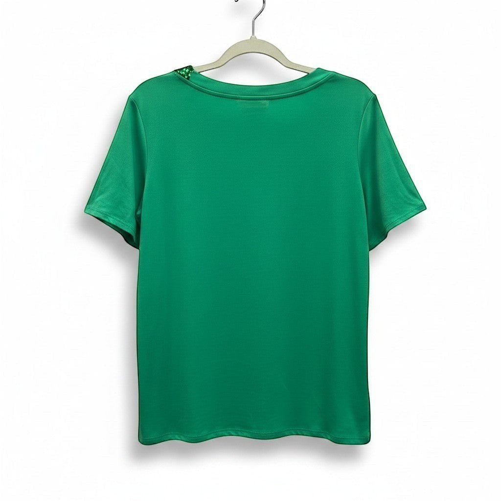 Chic Collective Kelly green asymmetrical sequin top with short sleeves and a round neckline.