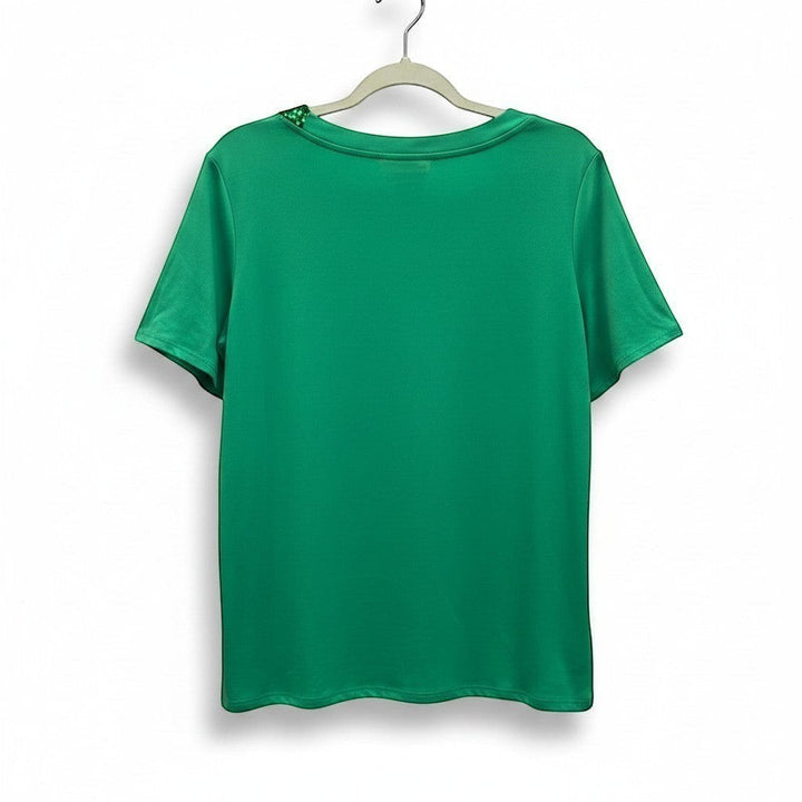 Chic Collective Kelly green asymmetrical sequin top with short sleeves and a round neckline.