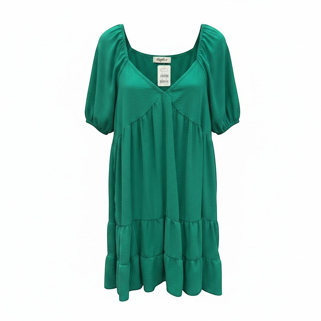 Chic Collective Kelly green sweetheart neckline bubble puff sleeve tiered dress