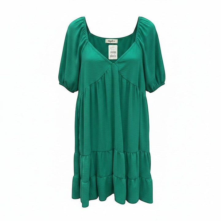 Chic Collective Kelly green sweetheart neckline bubble puff sleeve tiered midi dress.