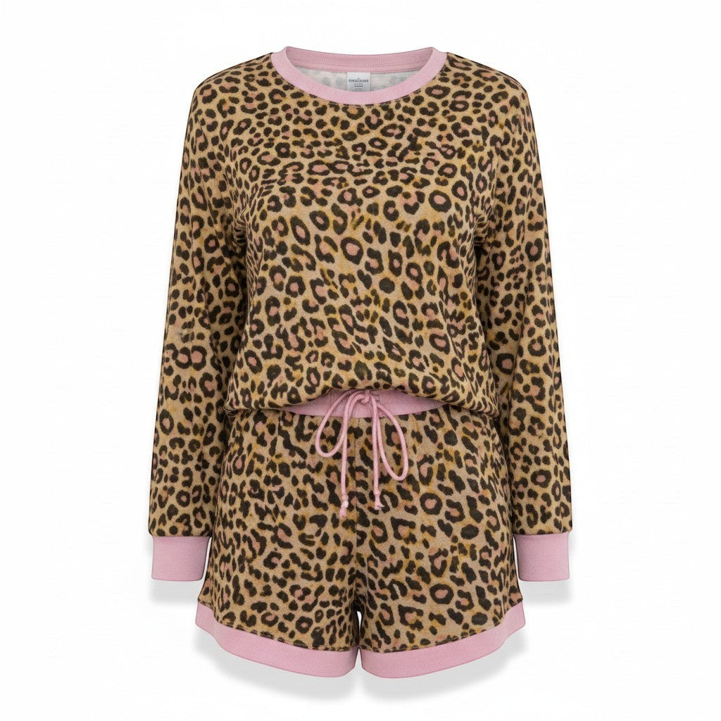 Chic Collective leopard print 2-piece pajama set with long sleeve top and shorts in tan, black, and pink.