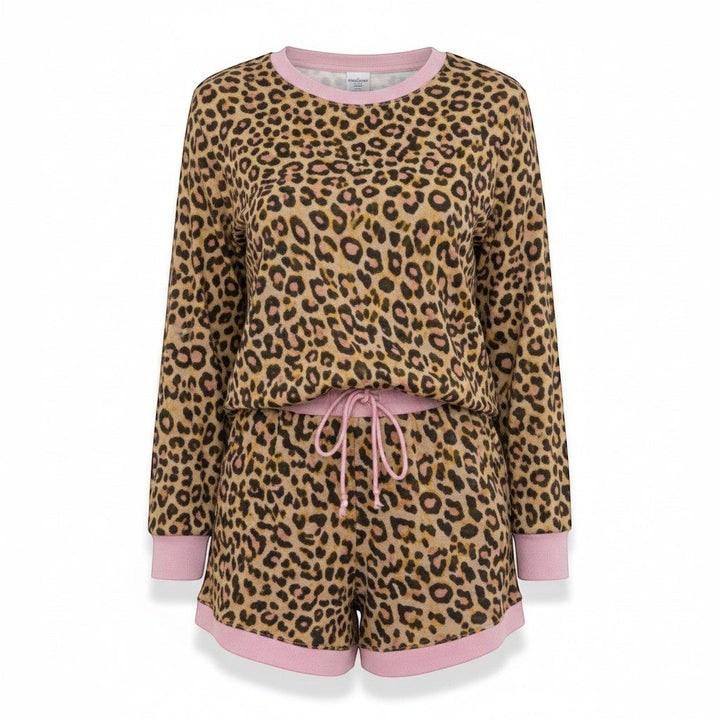 Chic Collective leopard print 2-piece pajama set with long sleeve top and shorts in tan, black, and pink.