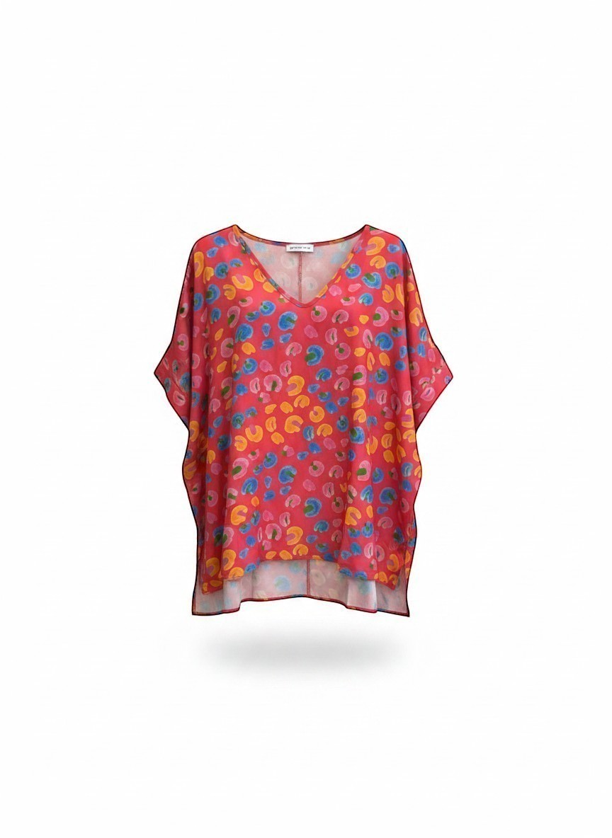 Chic Collective fuchsia, aqua, orange multi animal leopard print dolman top with a V-neck.