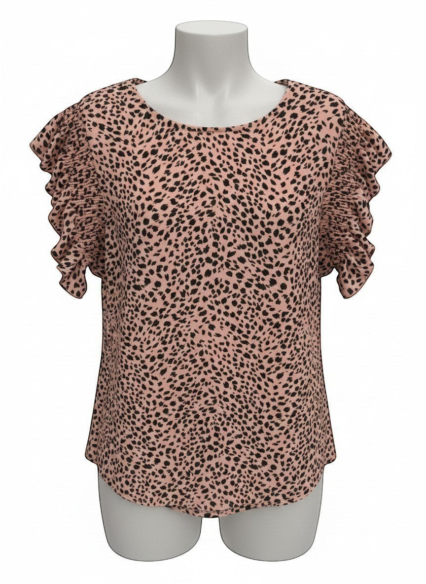 Chic Collective mauve and black leopard print top with ruffled short sleeves.