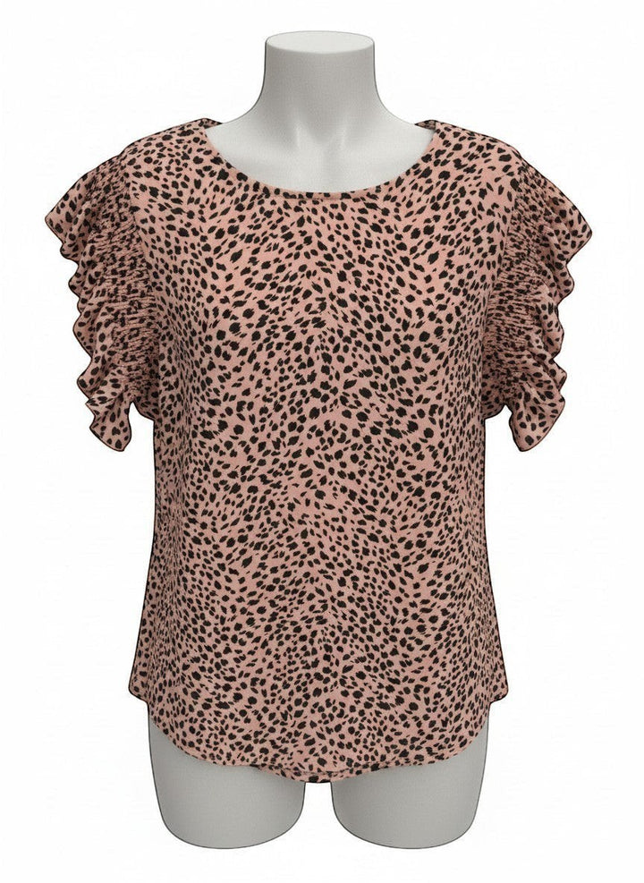 Chic Collective mauve and black leopard print top with ruffled short sleeves.