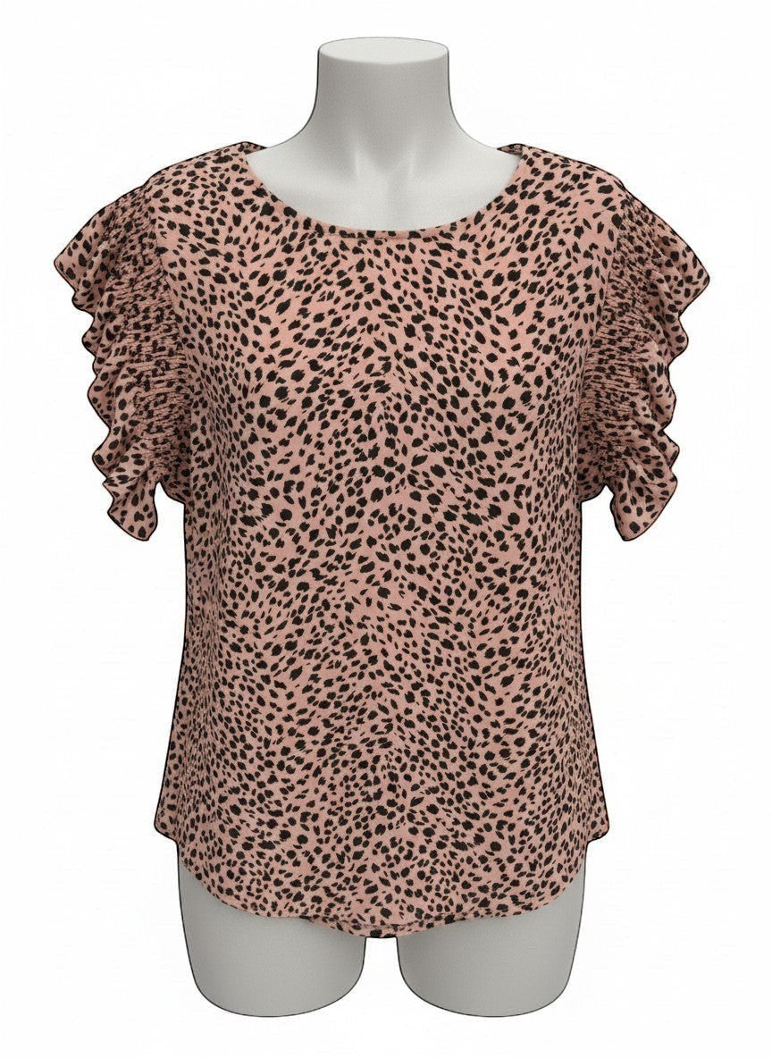 Chic Collective mauve and black leopard print top with ruffle sleeves and crew neck.