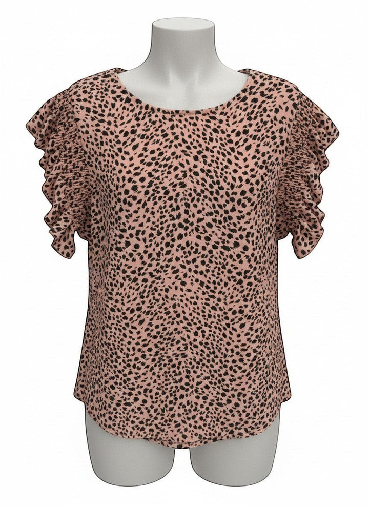 Chic Collective mauve and black leopard print top with ruffle sleeves and crew neck.