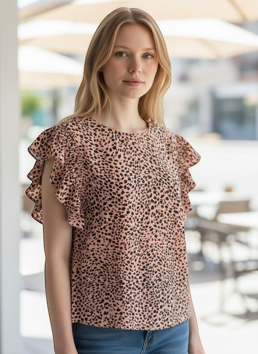Chic Collective mauve and black leopard print top with ruffled flutter sleeves.