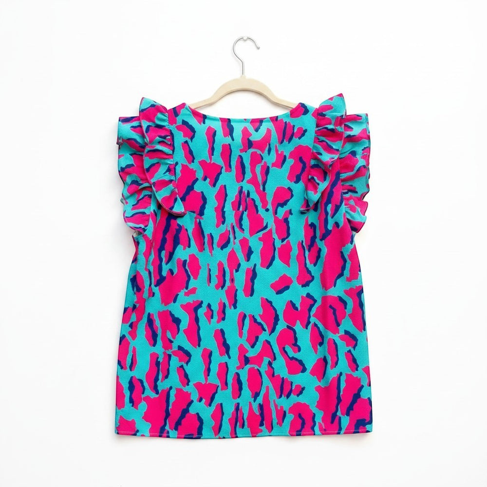 Chic Collective turquoise and hot pink leopard print top with ruffle sleeves, size XL.