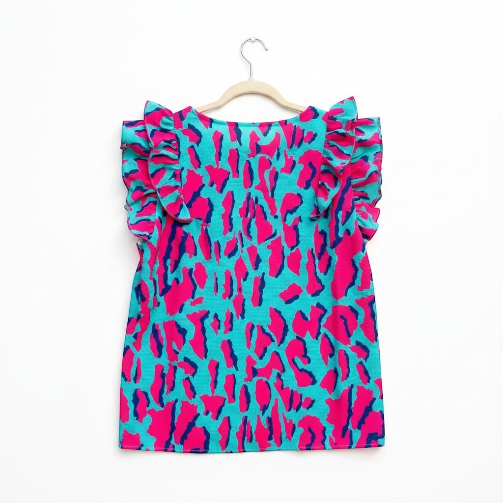 Chic Collective turquoise and hot pink leopard print top with ruffle sleeves, size XL.