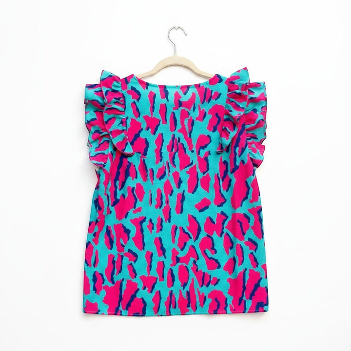 Chic Collective turquoise and hot pink leopard print top with ruffle sleeves, size XL.