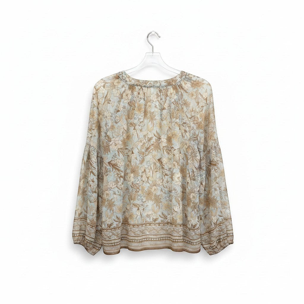 Chic Collective light blue and brown floral print blouse with balloon sleeves and a decorative border hem.