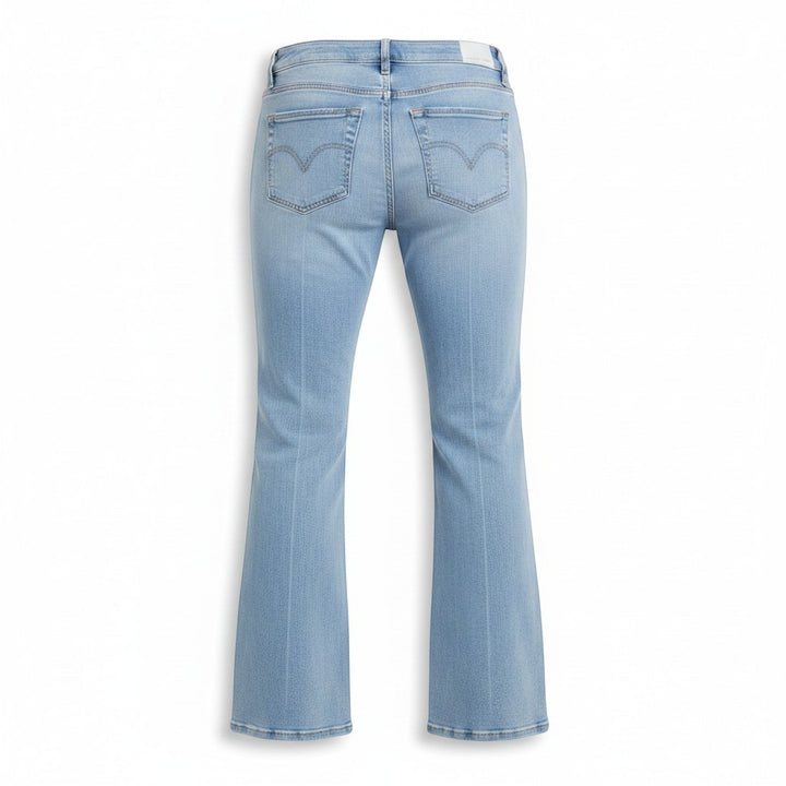 Chic Collective Risen Mid Rise Frayed light blue denim flare jeans, size 3. Classic five-pocket styling.
