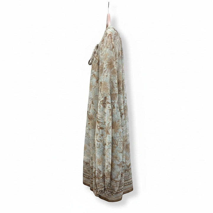 Chic Collective light blue floral print blouse with balloon sleeves and tie neck. Lightweight fabric.