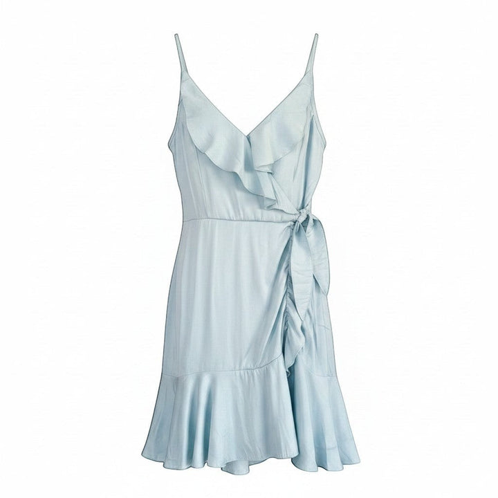 Chic Collective light blue wrap dress with ruffle trim and tie waist, spaghetti straps, V-neck, and flared hem.