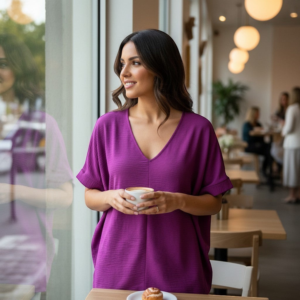 Chic Collective light plum woven dolman top with V-neck and short sleeves, worn by a woman holding a coffee cup.