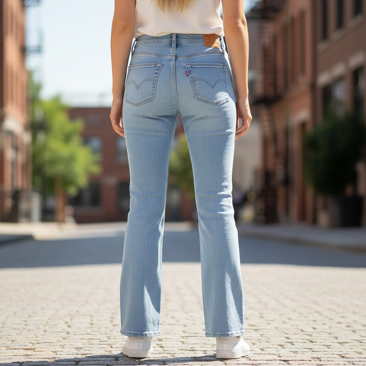 Chic Collective light wash denim mid-rise flare jeans with frayed hem. Model wears size 1.