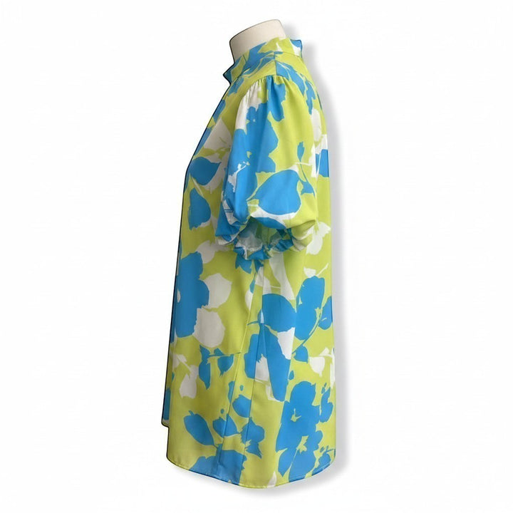 Chic Collective lime green and blue floral print blouse with short puff sleeves and a high neckline.