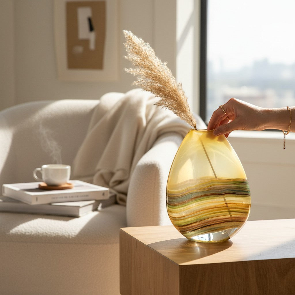 Chic Collective Lucius hand-blown frosted citrine glass vase with rainbow stripe detail, holding dried pampas grass.