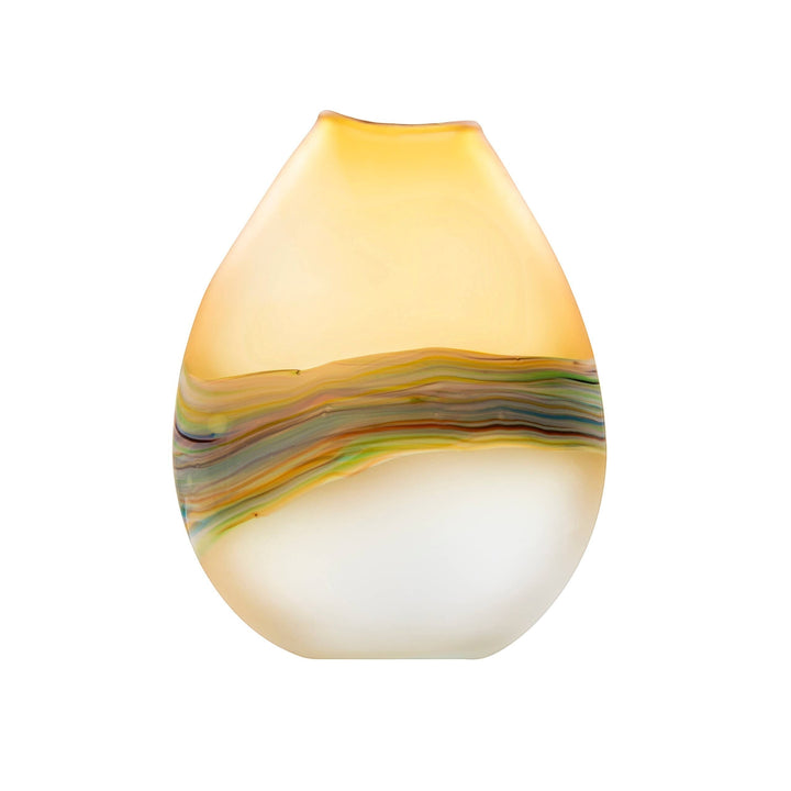 Chic Collective Lucius hand-blown frosted glass vase in citrine yellow with a rainbow stripe detail and white frosted base.
