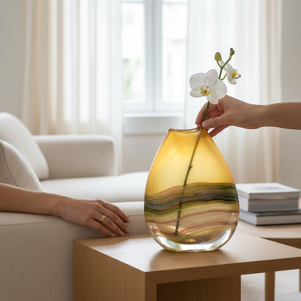 Chic Collective Lucius hand-blown frosted glass vase in citrine yellow with rainbow-colored bands near the base. A white orchid is placed inside.