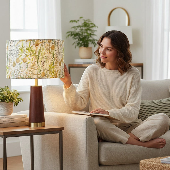 Chic Collective Lydiard Eva lamp shade with a watercolour print of British meadow flora and fauna. Textured linen fabric with hand-rolled edges.