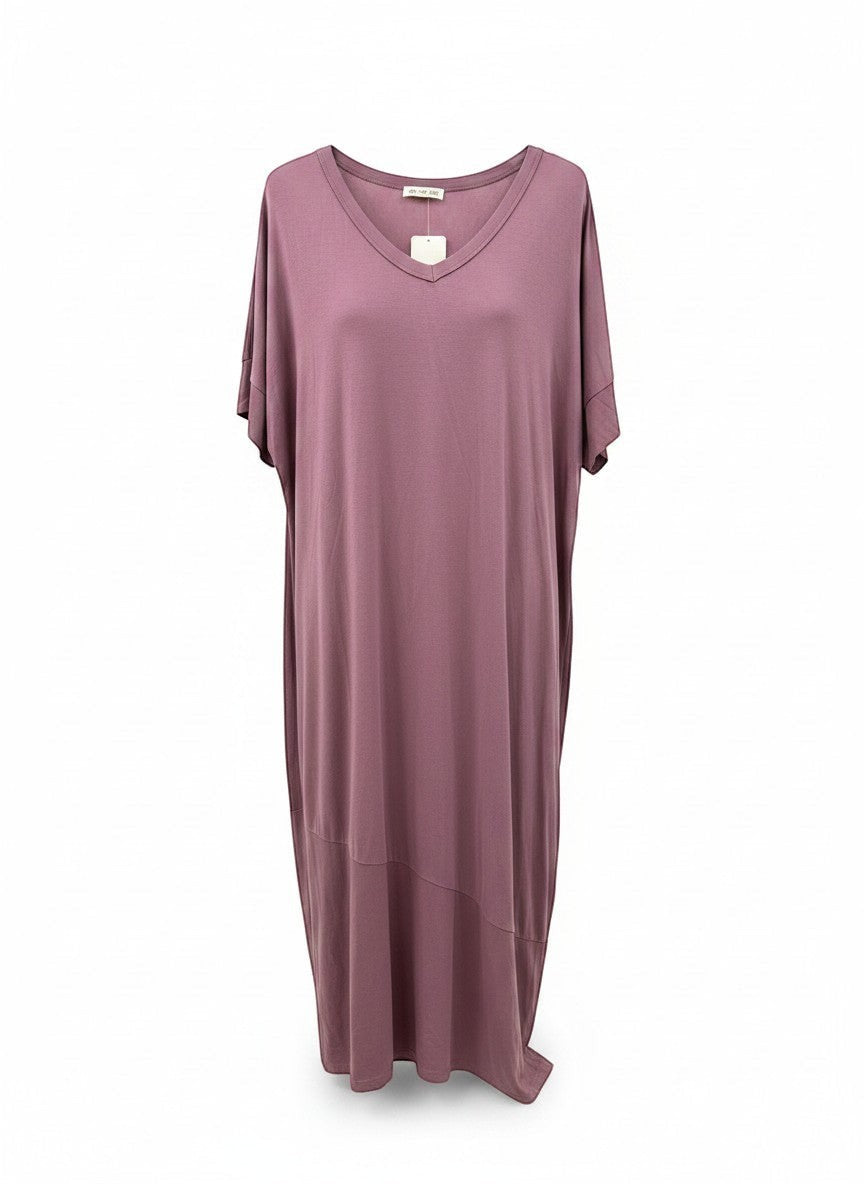 Chic Collective mauve dolman sleeve V-neck maxi dress with a flowing silhouette and curved hem detail.