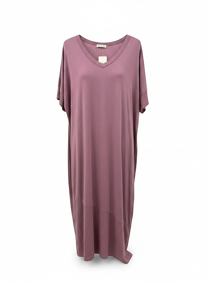 Chic Collective mauve dolman sleeve V-neck maxi dress with a flowing silhouette and curved hem detail.