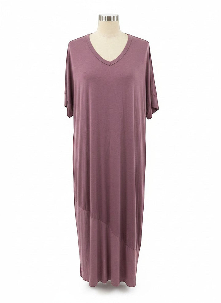 Chic Collective mauve dolman sleeve maxi dress with V-neck and asymmetrical hem. Comfortable, flowing silhouette.