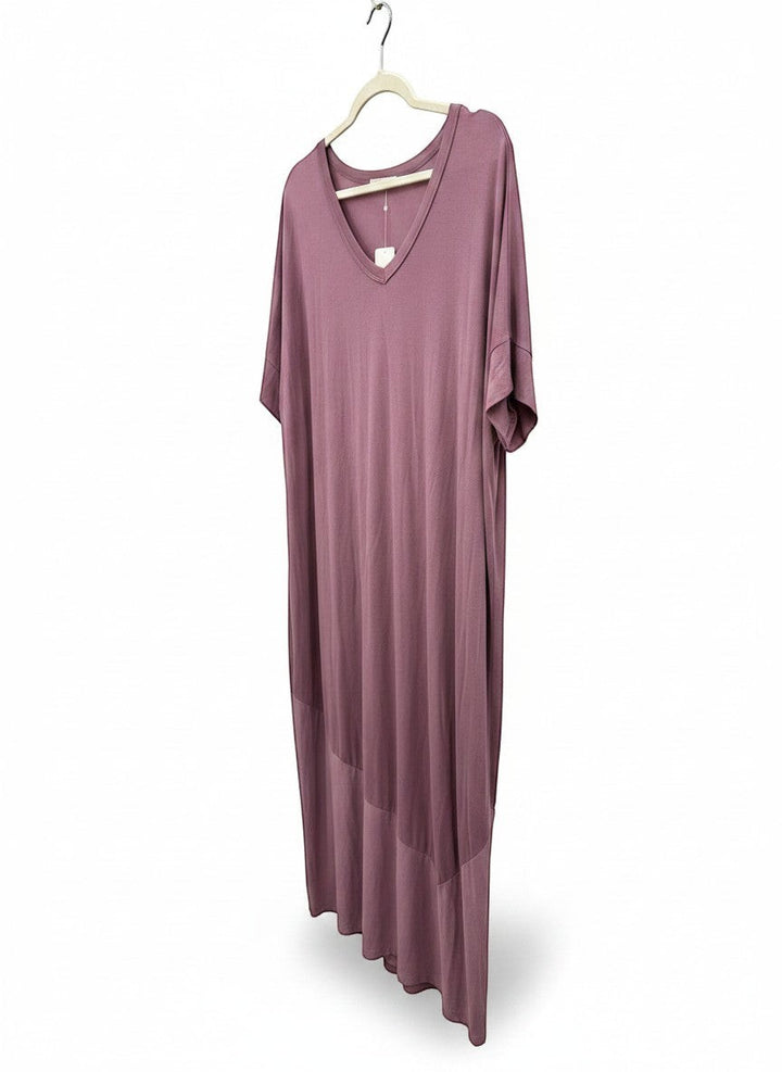 Chic Collective mauve dolman sleeve maxi dress with V-neck and flowing silhouette.