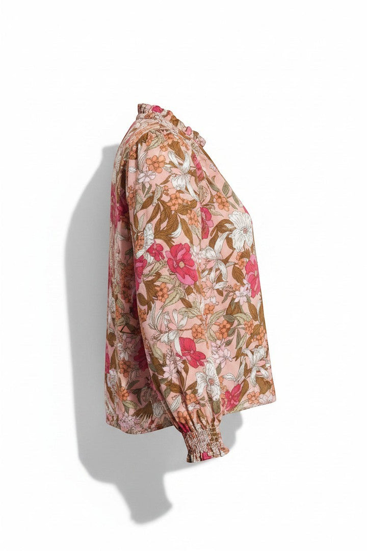 Chic Collective Les Amis mauve floral print long sleeve top with ruffled collar and smocked cuffs.
