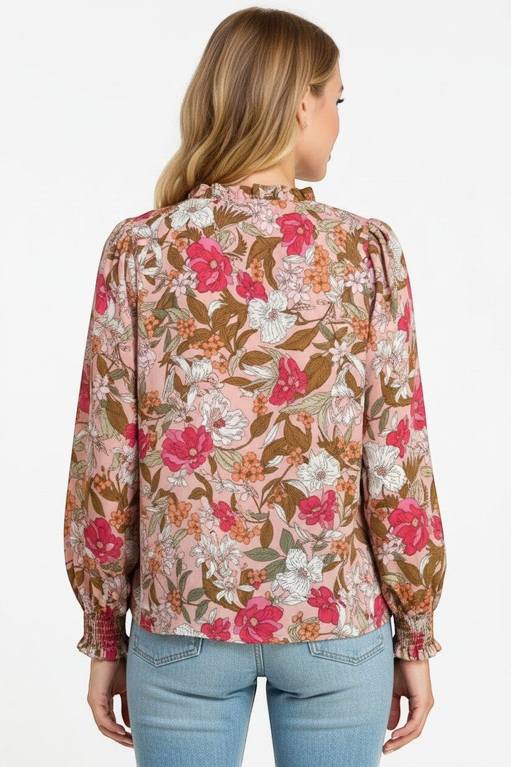 Chic Collective Les Amis mauve floral print long sleeve top with ruffled neckline and smocked cuffs.